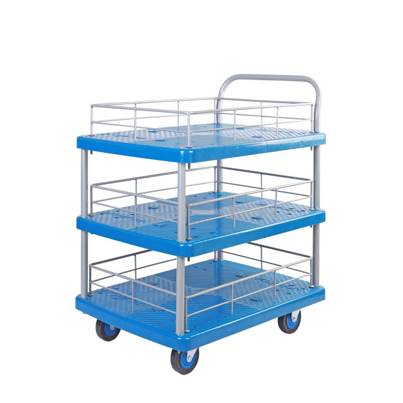 Triple-Layer Plastic Hand Trolley With Guardrail-PLA150Y-T3-HL3