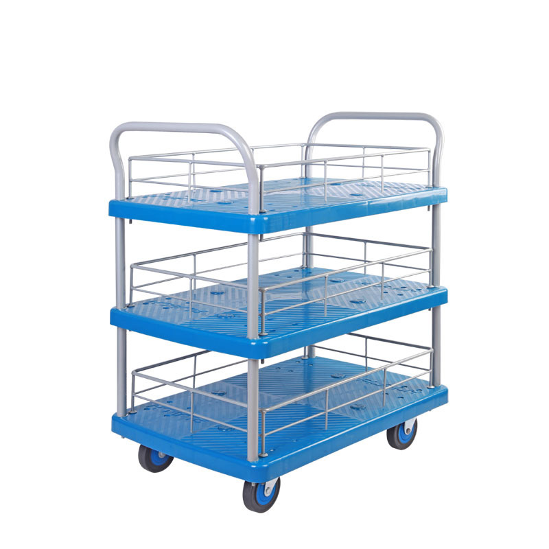 Triple-Layer Plastic Hand Trolley With Guardrail-PLA150Y-T3-HL3-D